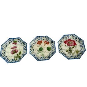 John Derian Decoupage Octagon Glass Trays Set of 3 Botanical Floral Script 6in